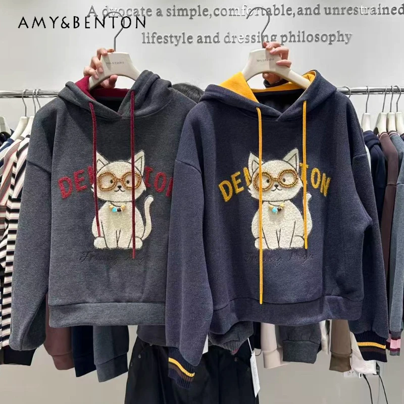 متعة لطيف القط هوديي تصميم صوف مبطن سميكة البلوز المرأة الشتاء الشباب فضفاض التخسيس طويلة الأكمام هوديس معطف #1