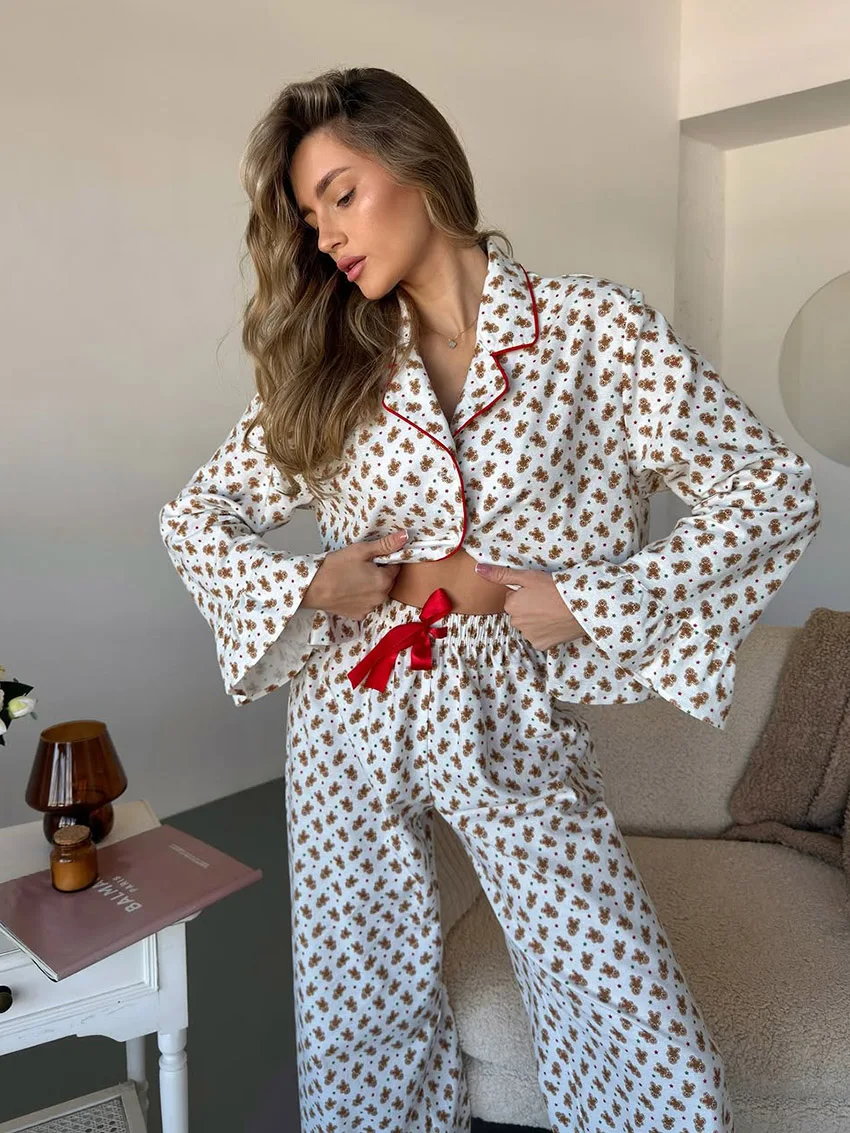 

Marthaqiqi Printing Female Nightwear Suit Long Sleeve Pajama Sexy Turn-Down Collar Nightgowns Pants Casual Sleepwear 2 Piece Set