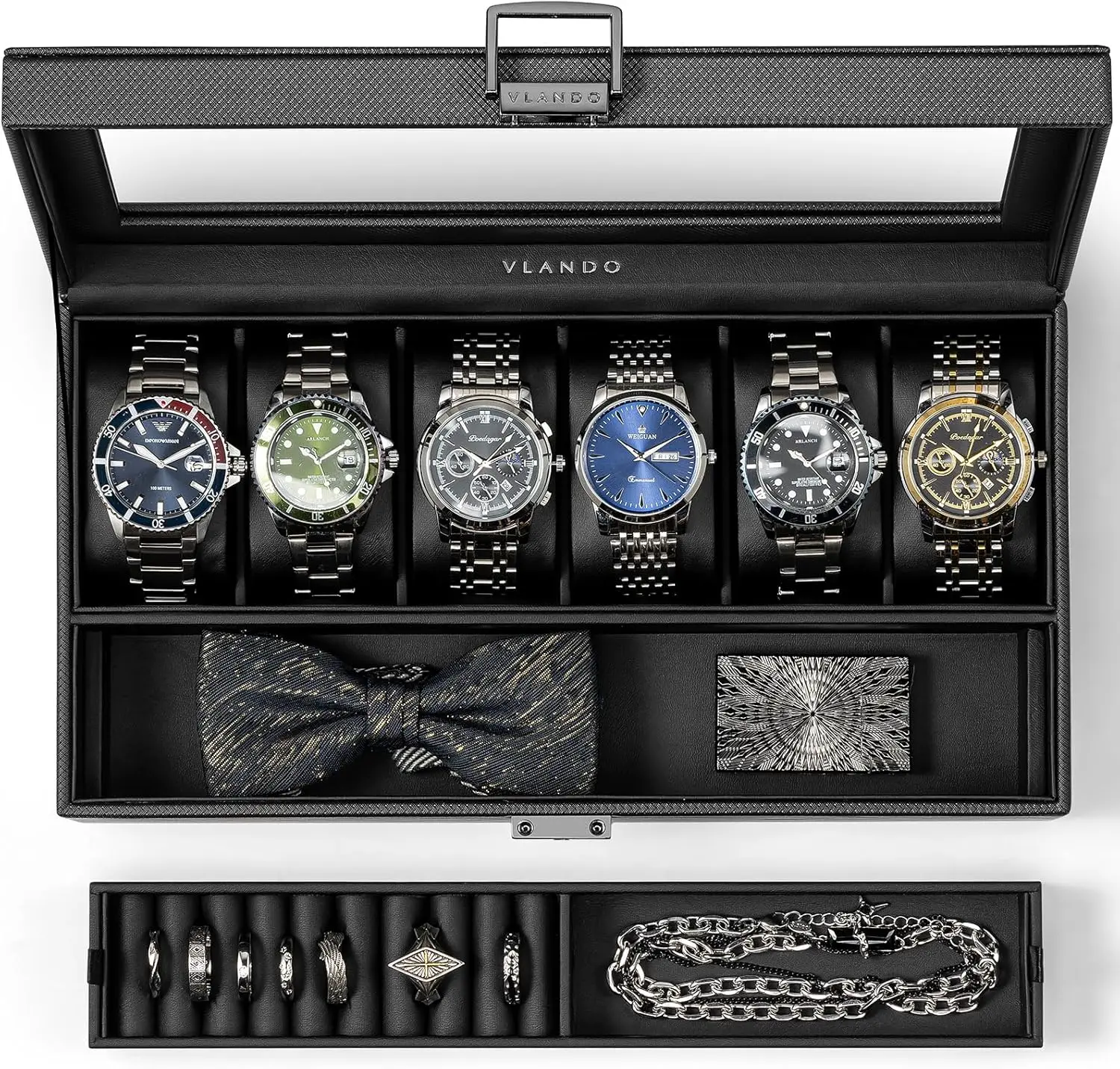 6-Slot Watch Case for Men, Glass Lid Storage Box, Leather Organizer with Soft Pillow, Gift for Dad, Black
