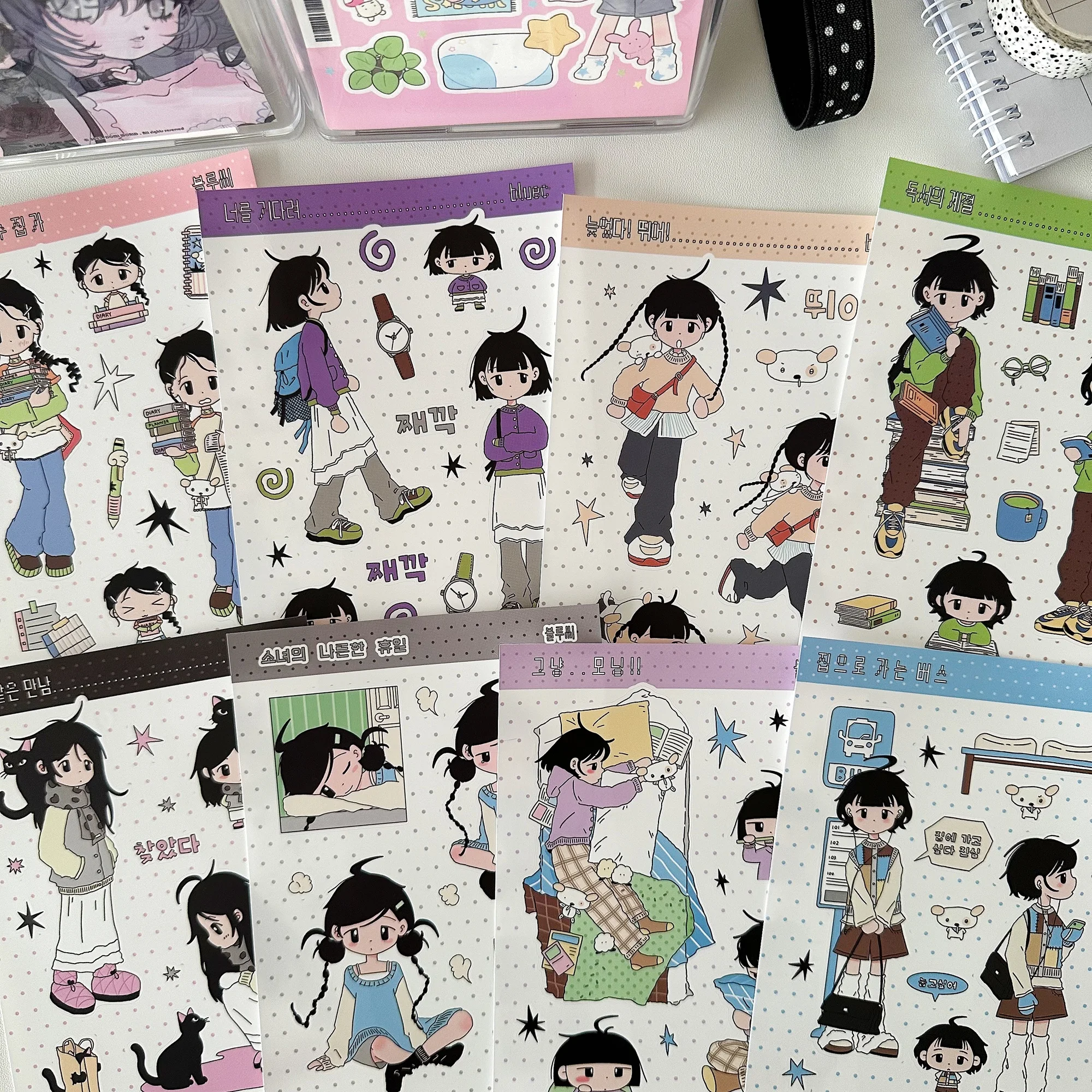 1/9PCS Cartoon Sweet Cool Girl Stickers Cute Korean Anime Character Stickers Journal Diary Planner Diy Decorative Stickers