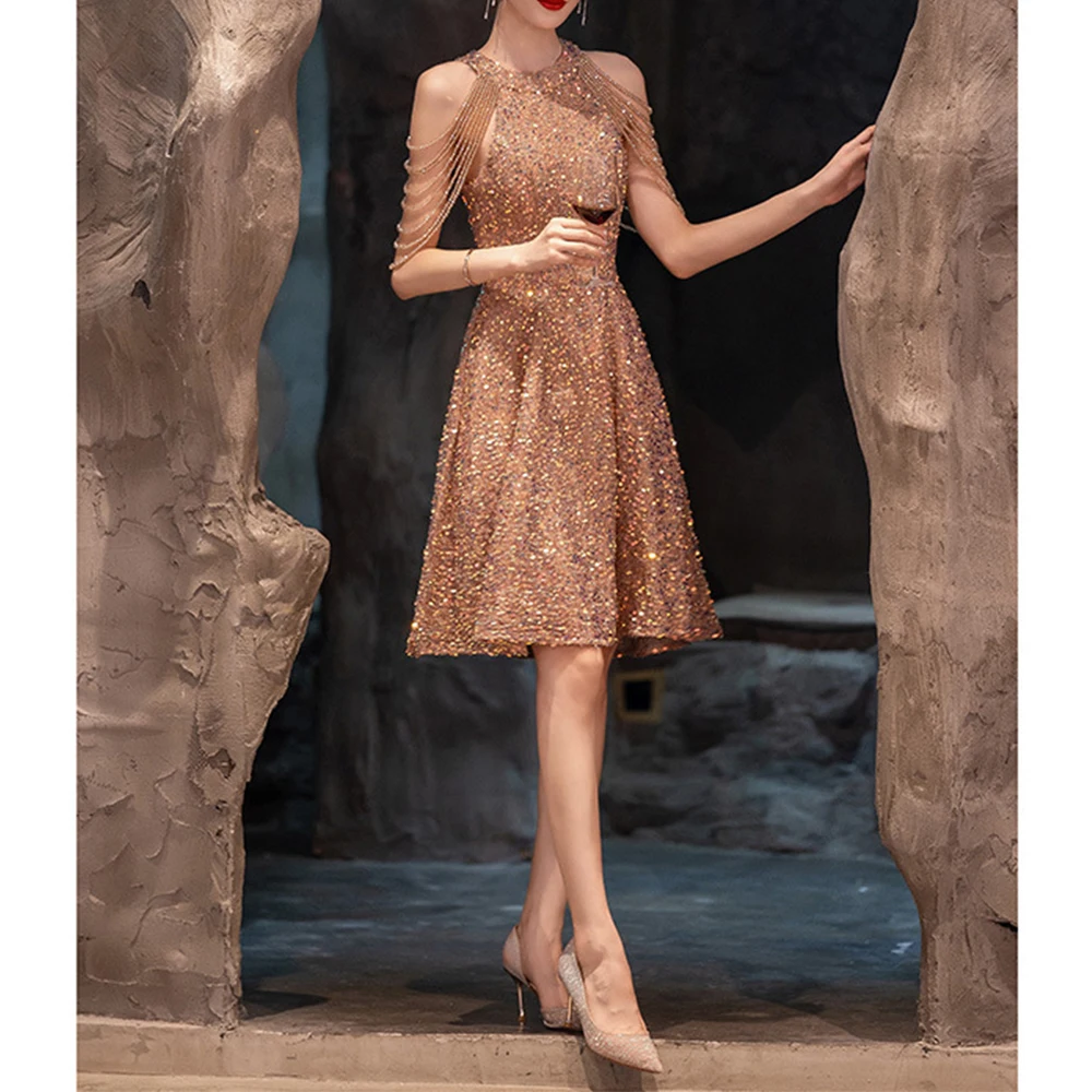 New Banquet Party Evening Golden Dresses Large Sequin Elegant for Prom 2023 Wedding