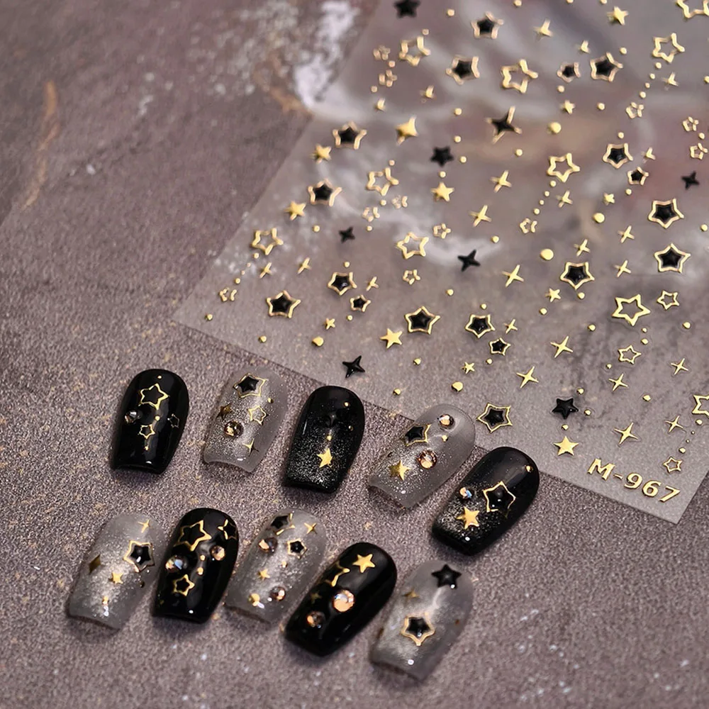 골드 브론 징 스타 네일 스티커 5D 블랙 스타 중공 네일 스티커 데칼 금박 다섯개 Parrten 디자인 네일 슬라이더 장식