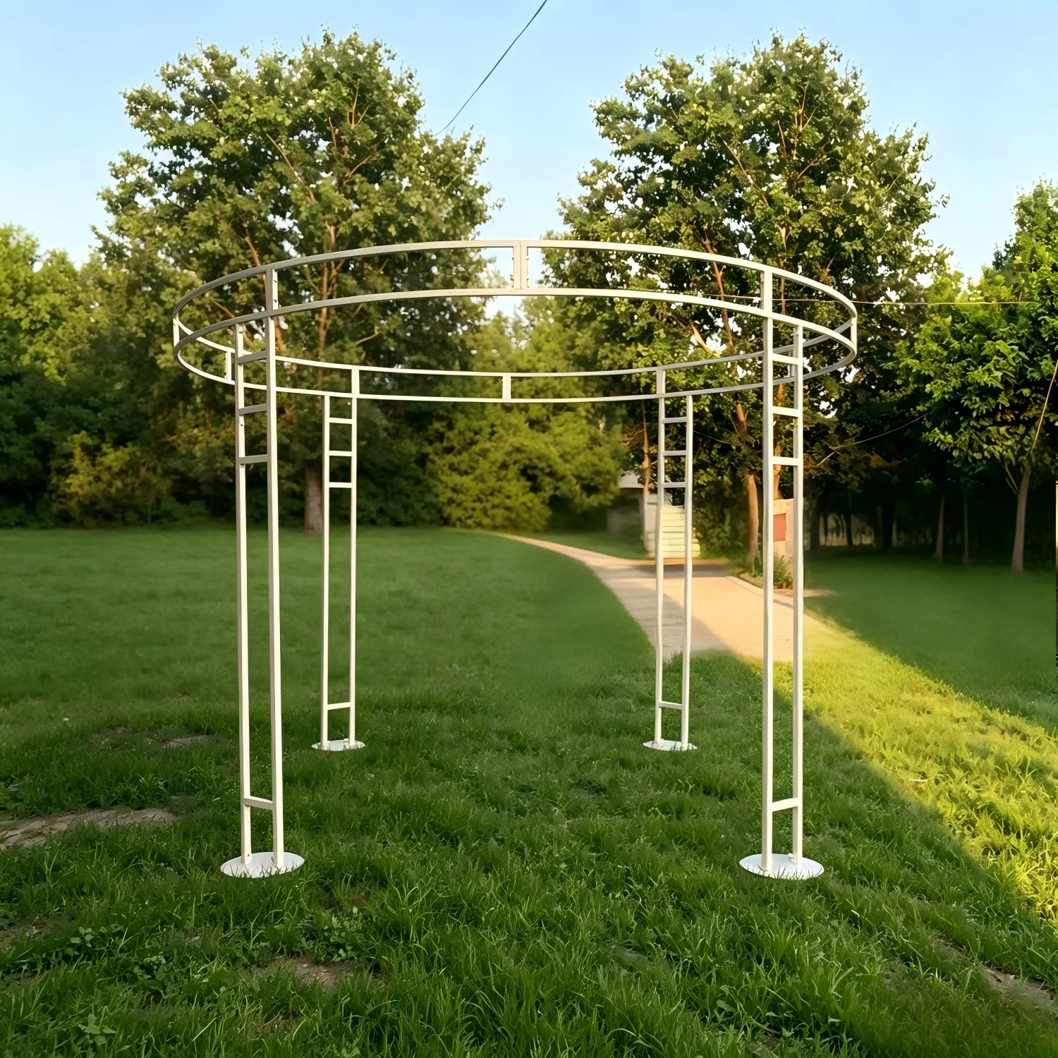 Höhenverstellbarer runder Hochzeitsrahmen für Hochzeits-Willkommenspavillons, drapierte Überdachungen, schmiedeeiserner Bogen, Blumenständer. – Detail 4