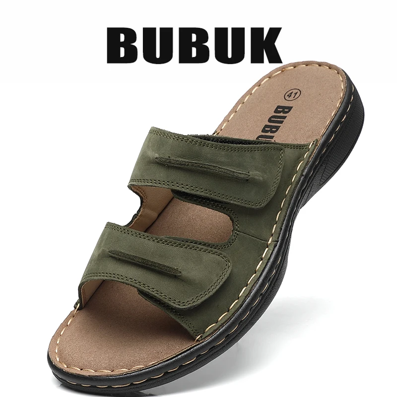 Bubuk Men's Genuine Leather Sports Slippers, Open-Toe Outdoor Non-Slip Sandals, Fashionable Top Layer Cowhide Casual Men's Shoes, with Arch Support, Adjustable Upper, Suitable for Summer Hiking, Travel, and Work Wear