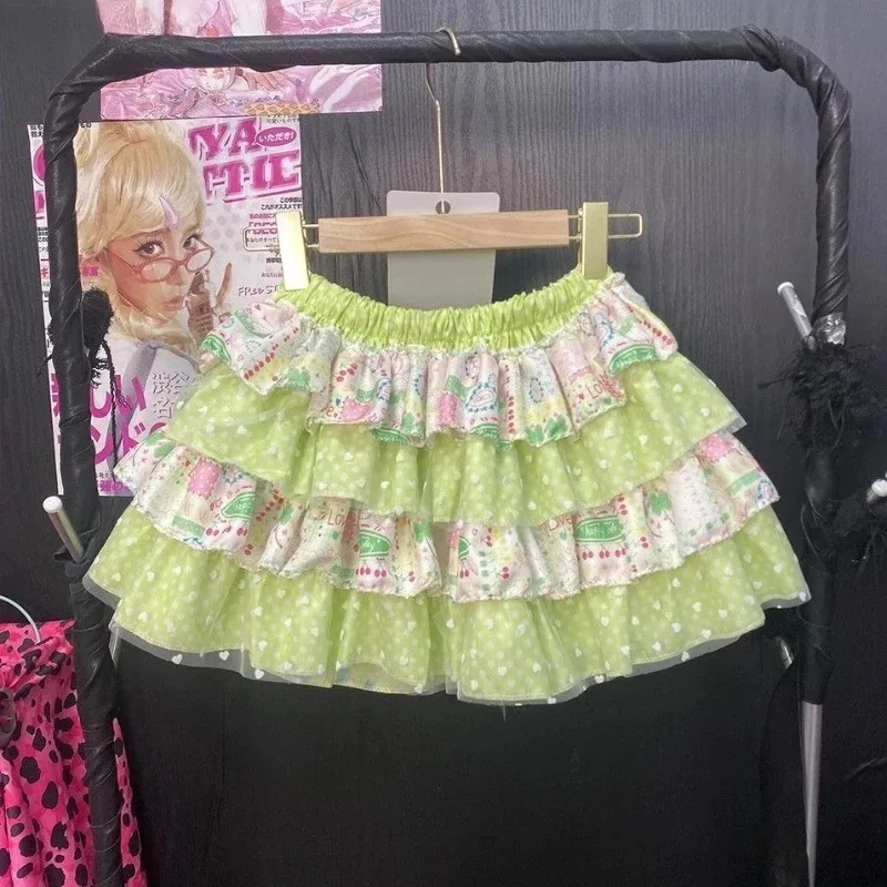 summer Japanese Kawaii Lolita Style Mini Skirt Women Sweet Cute Print Ruffles Bow Cake Skirt Girls Y2k High Waist fashion Skirts