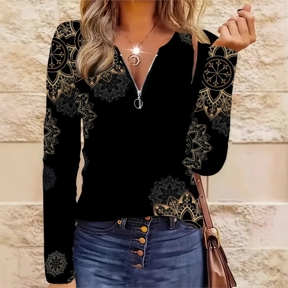 2026 Spring Fashion Temperament Blusas Long Sleeve Tops T Shirt Tees Elegant Commuting Printed All-match Zipper Contrast Trendy