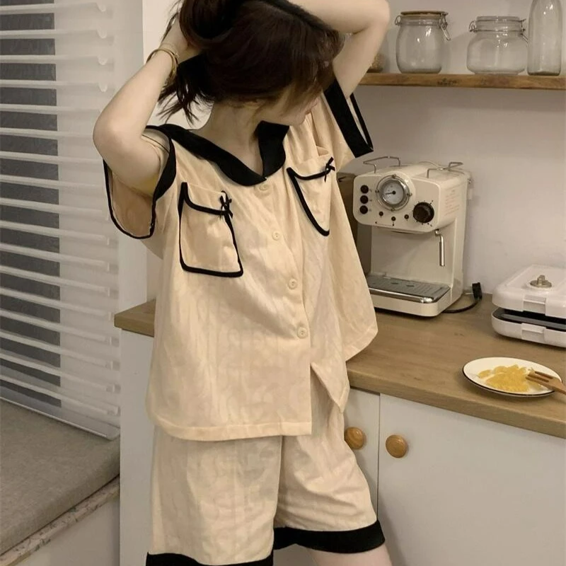 Ins Style New Korean Version of Premium Pajamas Women's Bows Simple and Sweet Dormitory Set Summer Short-sleeved Loungewear