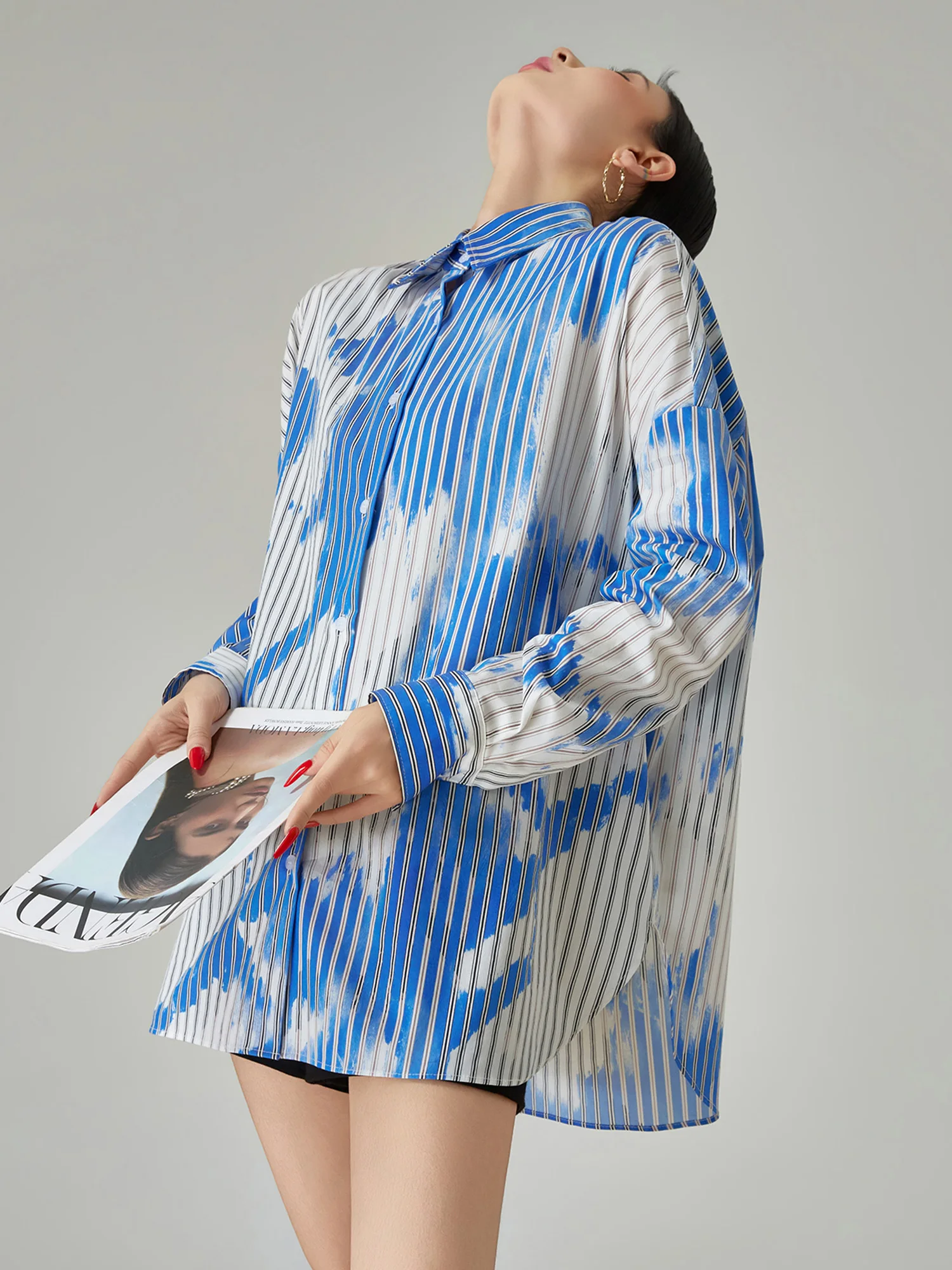 

Loose Long Sve Blue adient Print Striped Women's irt Casual Loose oulder Drop irt Coat Polyester Fiber Spring Commute