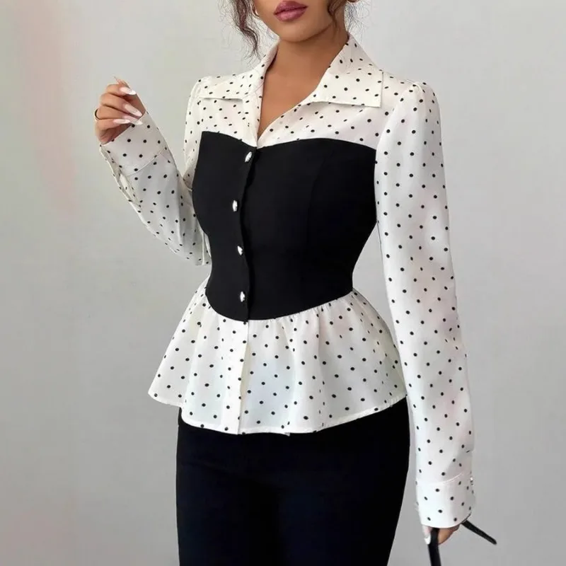 

Women's New Polka Dot Stitching Fake Two-piece Top Women's Long-sleeved Shirt