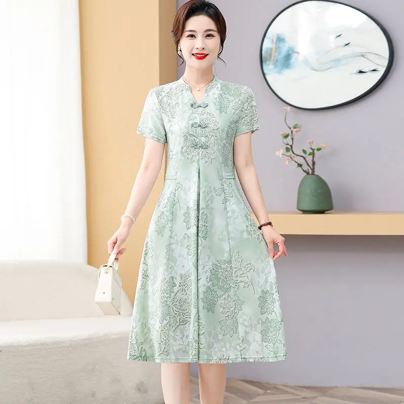 Vestido de manga curta jacquard elegante de verão para moda de meia-idade