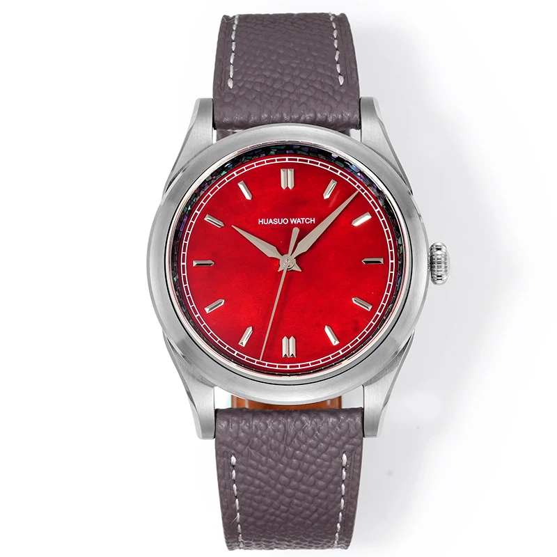 HUASUO 38MM Luxury Mechanical Watch  Automatic Movement SW200 Lacquered Mother-of-Pearl Dial Sapphire Crystal 50M Waterproof Wri