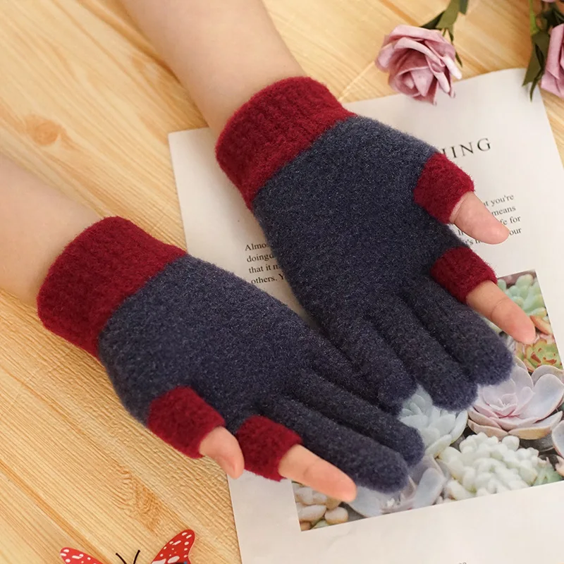 Korean Female Stretch Thicken Show Two Fingers Touch Screen Students Write Mittens Winter Wool Knitted Fingerless Gloves S192