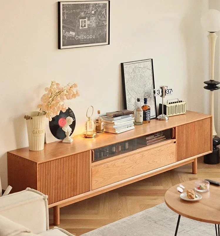 

Nordic Solid Wood TV Cabinet Japanese Simple Cherrywood Log Living Room Retro Storage Locker