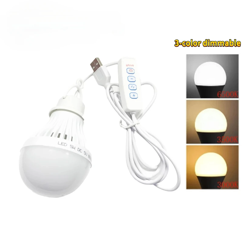DC5V Led Camping Light 5W/7W Usb Emergency Bulb 3-color Dimmable Hanging Tent Light Barbecue Fishing Repair Outdoor Equipment