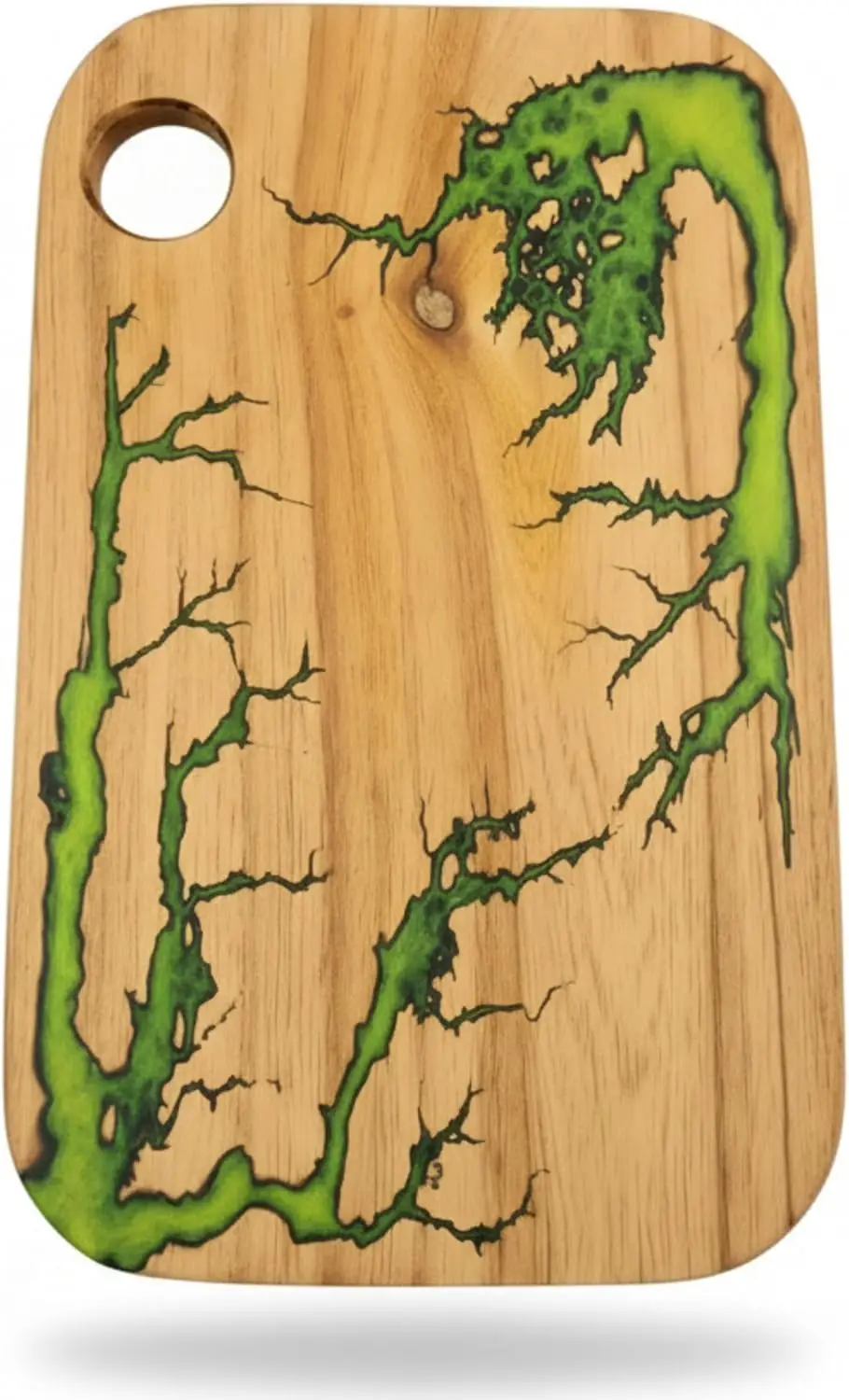 

Acacia Wood Charcuterie Board 16x10.5 Inch Green Fractal Burn Epoxy Resin Serving Grazing and Cutting Board