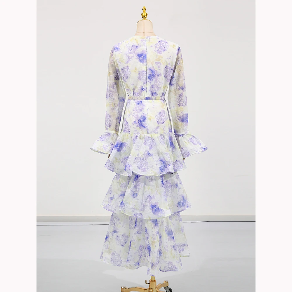 2025 verão vestido feminino profundo decote em v floral plissado em camadas maxi vestido sino manga magro elegante temperamental vestido de festa