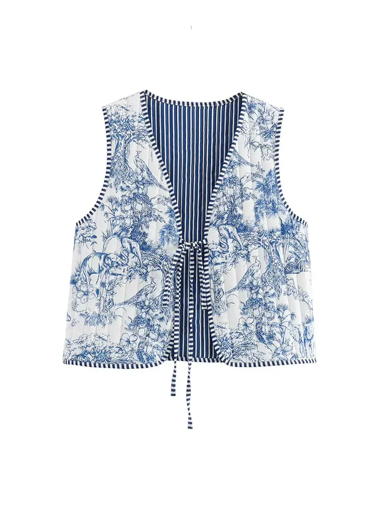 

HH 2024, осенние модные хлопковые жилеты для женщин, без рукавов, с цветочным принтом, в стиле пэчворк, с v-образным вырезом, повседневный жилет на шнуровке в стиле ретро, пальто