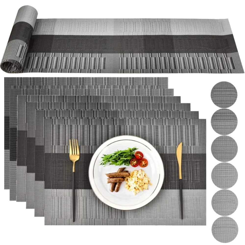 PVC-Tischsets, waschbar, reißfest, hitzebeständig, 6 x Tischsets, 6 x Untersetzer und 1 x Tischläufer
