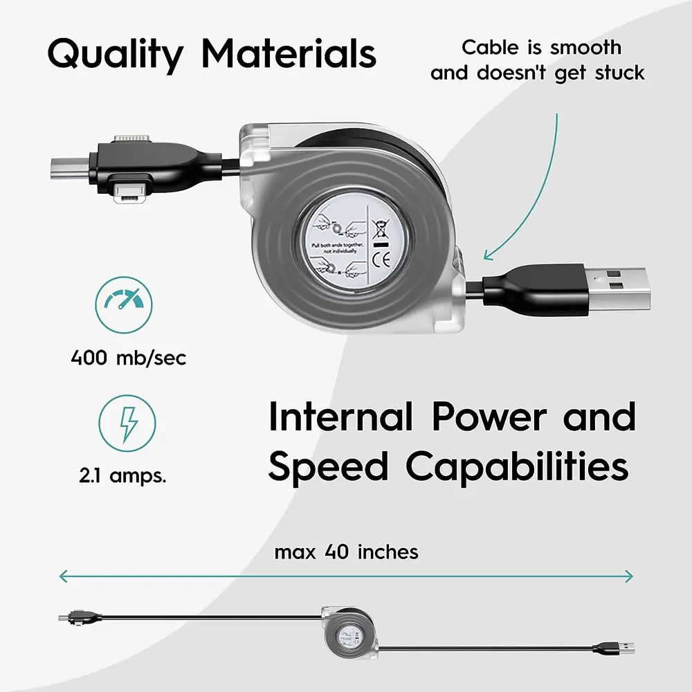 Retractable Multi Fast Charging Cord 3 in1 USB Cable with 8pin/Micro USB/Type C Data Sync Charger for iPhone,iPad,Samsung & More