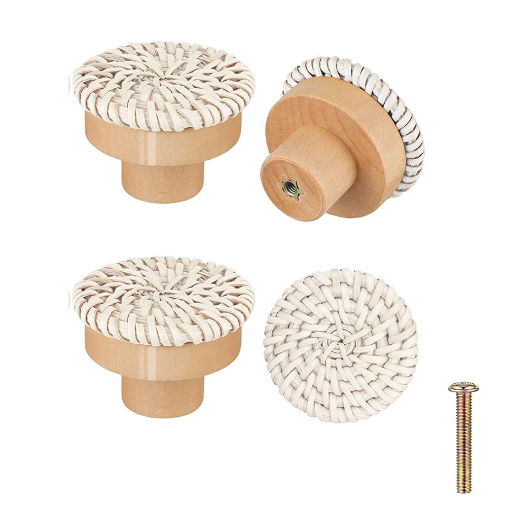 Rattan Wooden Handles Round Handmade Cabinets Drawer Pulls Wood Kitchen Cupboard Wardrobe Door Dresser Knobs for Furniture