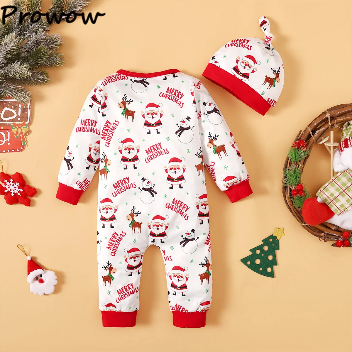 Prowow My First Christmas Baby Clothes 2024 Long Sleeve Allover Santa Print Christmas Romper For Babies Newborn New Year Costume