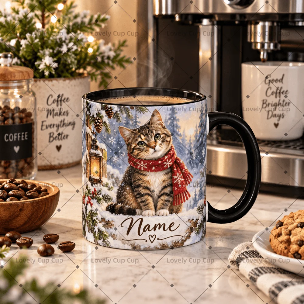 2D Flat Printing 1pc 11oz Custom Name Christmas Tabby Cat Mug, Christmas Home Gift For Cat Lover, Hand Wash Only Microwave Safe