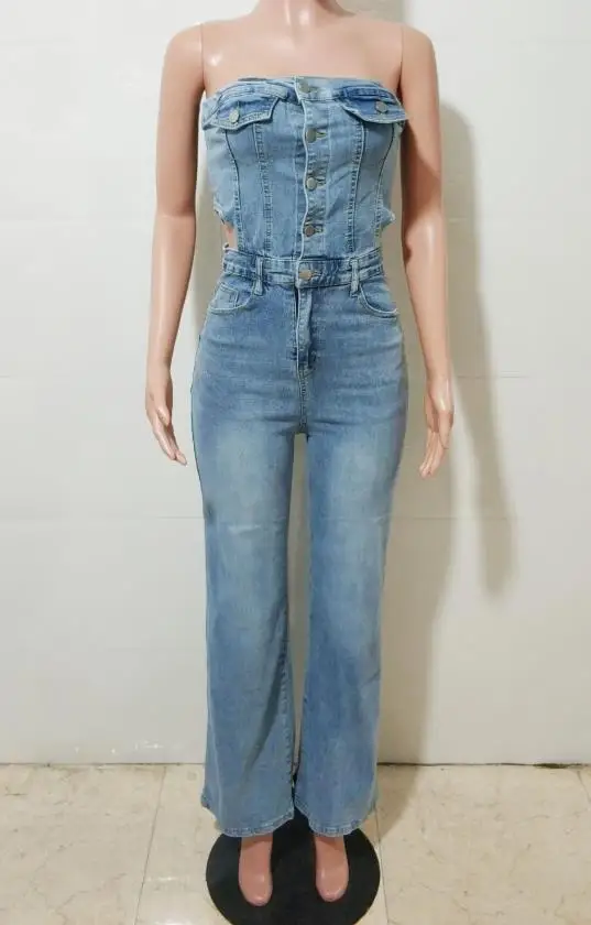 Damen-Jeansoverall, trägerlos, One-Shoulder, schmale Passform, gerades Bein, weites Bein, modische, lässige Hose mit hoher Taille