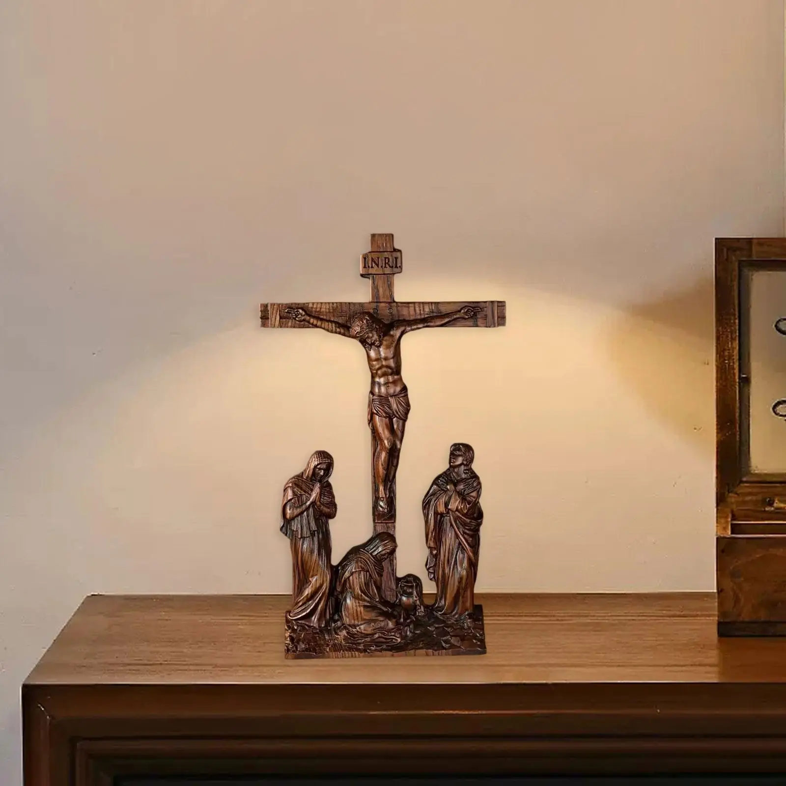 Standing Crucifix Desktop Decoration 10 inch High Wooden Jesus on The Cross Statue for Home Decor Altar Chapel Prayers Tabletop