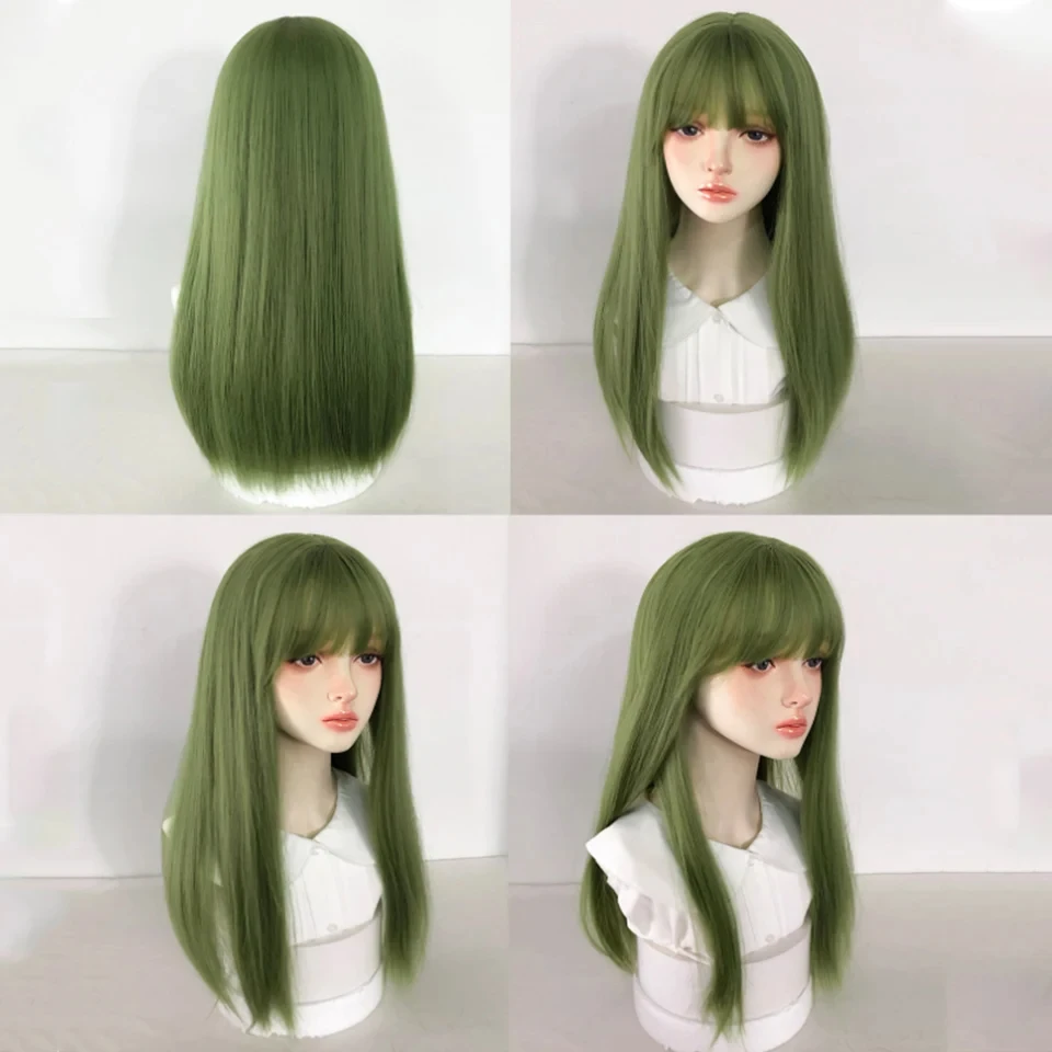 Cosplay Wig With Bangs Synthetic Straight Hair 20 Inch Long Heat-Resistant Fruit Green Wig For Women