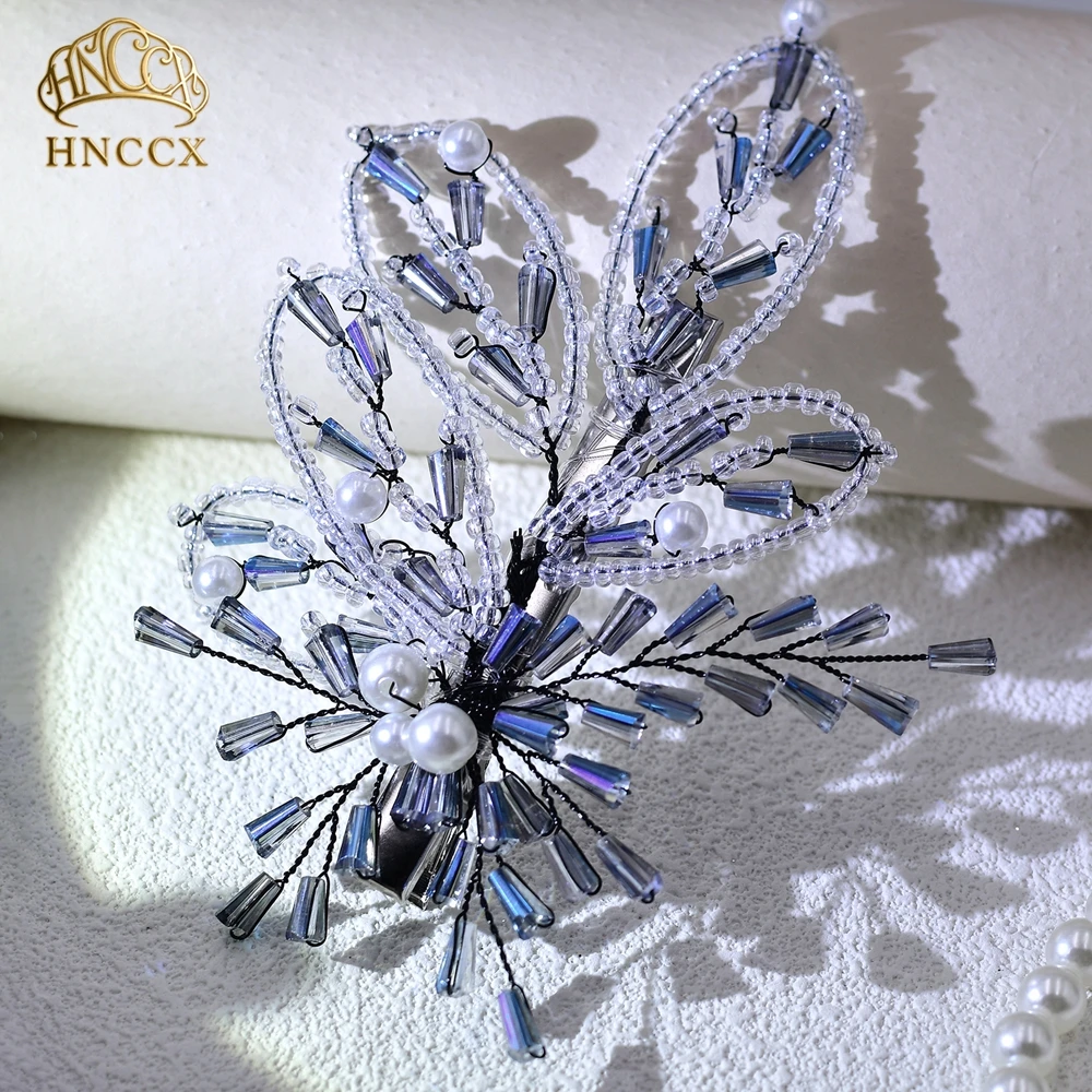 

HNCCX Elegant Blue Crystal Hair Clip Bride Pearl Side Barrette for Women Wedding Evening Prom Party Hair Accessories A113