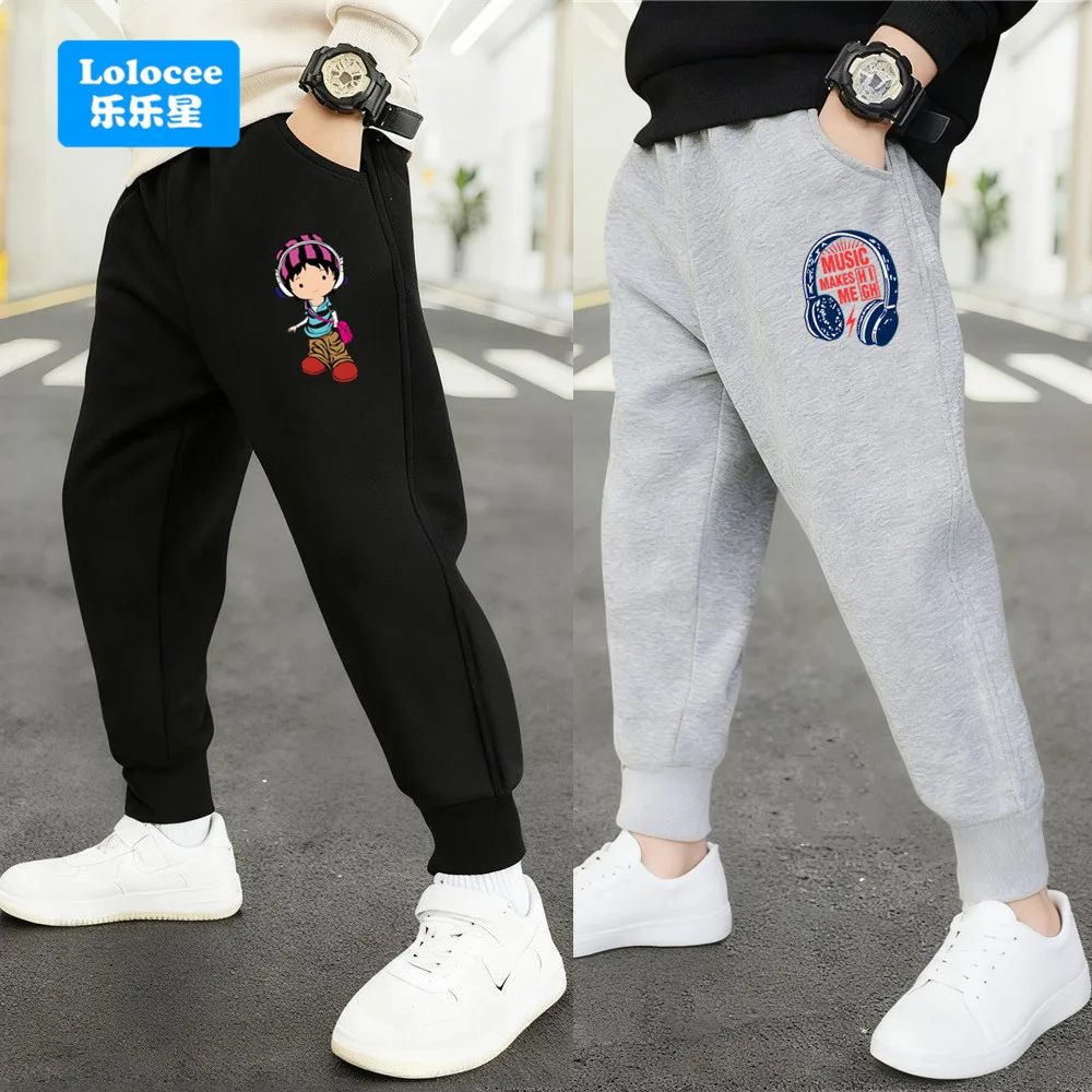 Kinder Musik Kopfhörer Druck Mode Hosen für Jungen 2025, Frühling Herbst Schwarz Grau Jogginghose Sport Lange Hosen 3-14 Jahre EJCK1