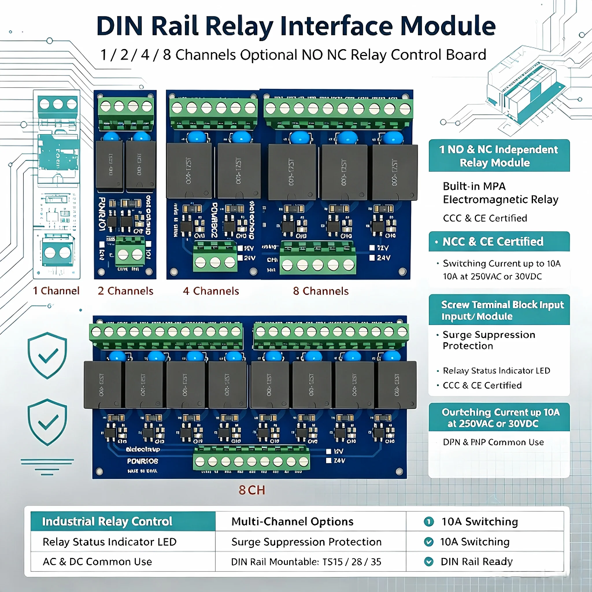 8CH Digital IO Amplifier Relay Module 12V 24V DC NPN PNP 10A for PLC RS485 PTZ Control System - Electronic Component