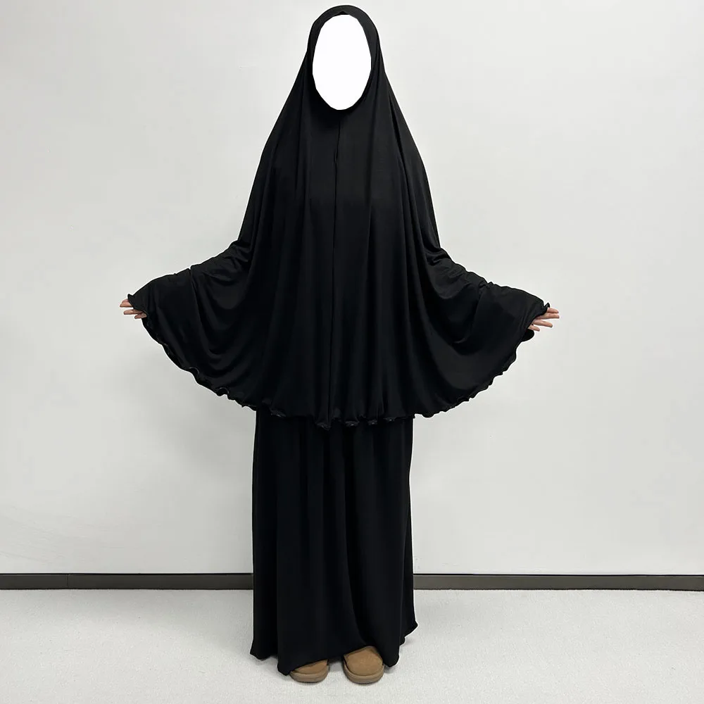 Gebetsset aus Baumwolljersey, dehnbar, EID, Ramadan, Islam, muslimische Frauen, Satinseil, Instant-Hijab, Khimar-Rock, Taschen, 2-teilig, Jilbab