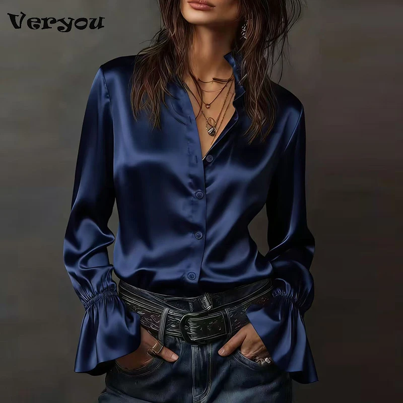 Elegante Blusen für Damen Frühling Herbst Satin-Hemd Damenmode Ausgestellte Langarm-Knopfbluse aus Seide Vielseitig Kombinierbar Büro-Damen-Oberteil