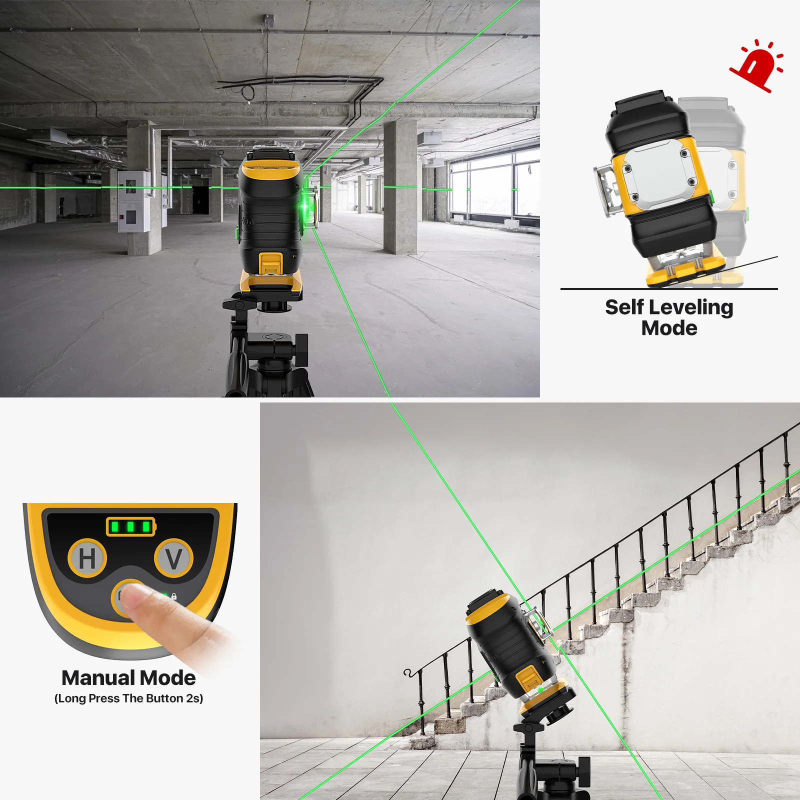 Livello Laser 360 autolivellante, degassatori 3 x360 ° 3D Green Cross Line strumento di livello Laser con 4 luminosità regolabili, telecomando