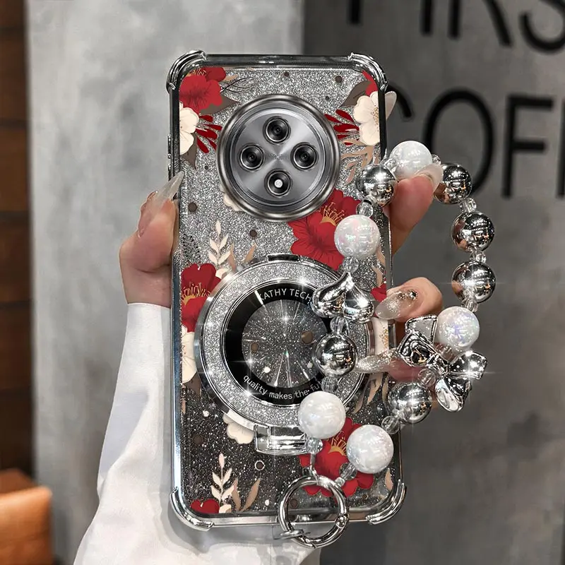 

Reno 12F Red peony Plating Bracelet Holder Phone Case For OPPO Reno 14Pro 11Pro 12 14F 13 13Pro 10Pro 12Pro 13F 10 11F Cover