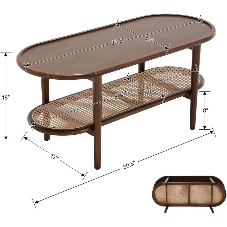 Oval Wood Coffee Table with Rattan Shelf for Living Room: Natural Finish, Warm Brown Tone, Rustic Charm Space-Saving Dual-Tier