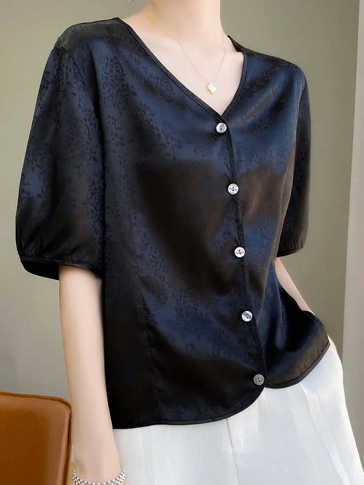 자카드 새틴 실크 블라우스 여성 반팔 루즈 셔츠 여성 레트로 중국 빈티지 에티닉 스타일 탑 오버 사이즈