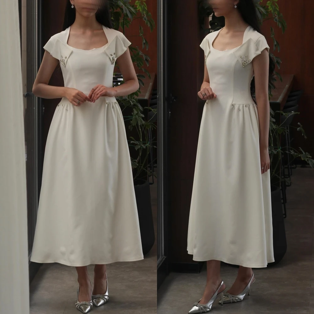 Robe de Rhmi-longue en satin avec perles, tenue de graduation, ligne A, encolure carrée, occasion sur mesure, Arabie saoudite