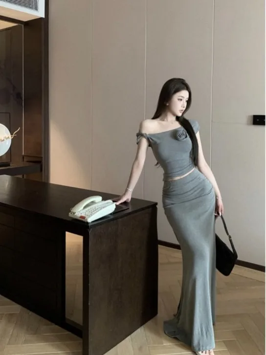 

Летний новый сексуальный женский комплект Faion с оulder Bared Pure Desire, длинная юбка с разрезом на хвосте, комплект из двух предметов, дышащий легкий вес...