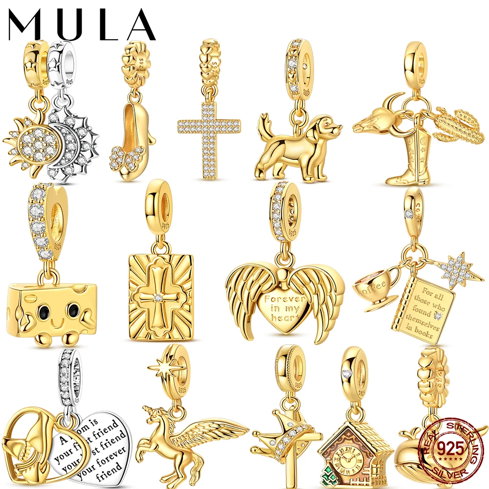 Mula New in Gold Series DIY Charms Bead Original 925 Silver Cross Winged Heart Pendants Fit Bracelet Jewelry Gift Marking