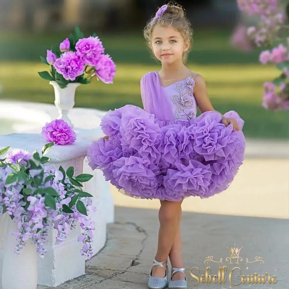 

Purple Tulle Flower Girl Dresses Tiered Ruffles Ball Gown Kids Birthday Party Gowns Appliques Little Girls Photography Dresses