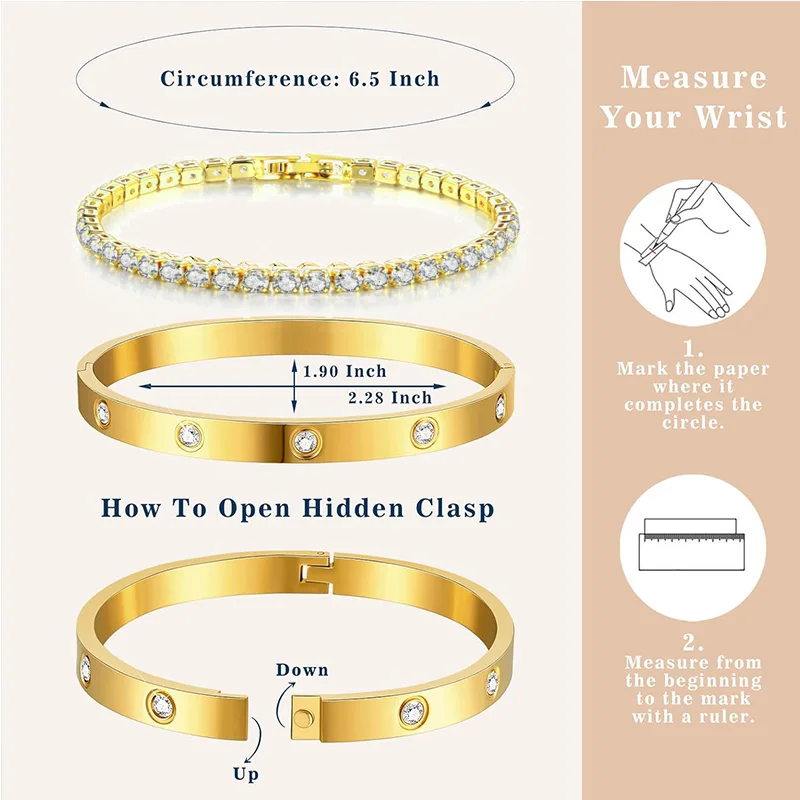 أساور ذهبية قابلة للتكديس أساور للنساء والفتيات 14K مطلية بالذهب مكعب زركونيا سوار للتنس هدايا مجوهرات من صلب لا يصدأ