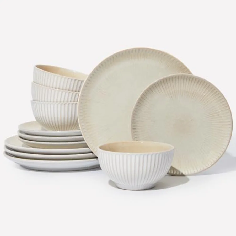

Ceramic Dinnerware Sets for 4 12 Pieces Embossed Stoneware Plates and Bowls Sets Scratch Resistant Dish Sets Distinctive Granul