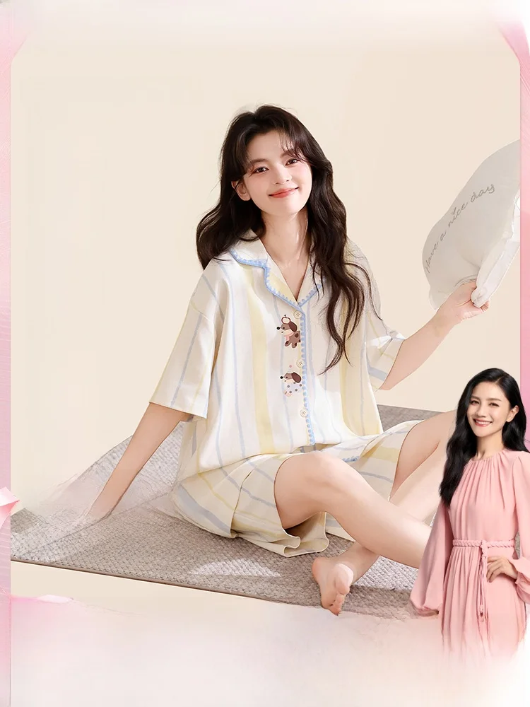 pure-cotton-sleepwear-women's-outwear-home-clothes-2-piece-3-piece-set-breathable-comfortable-short-sleeve-button-design