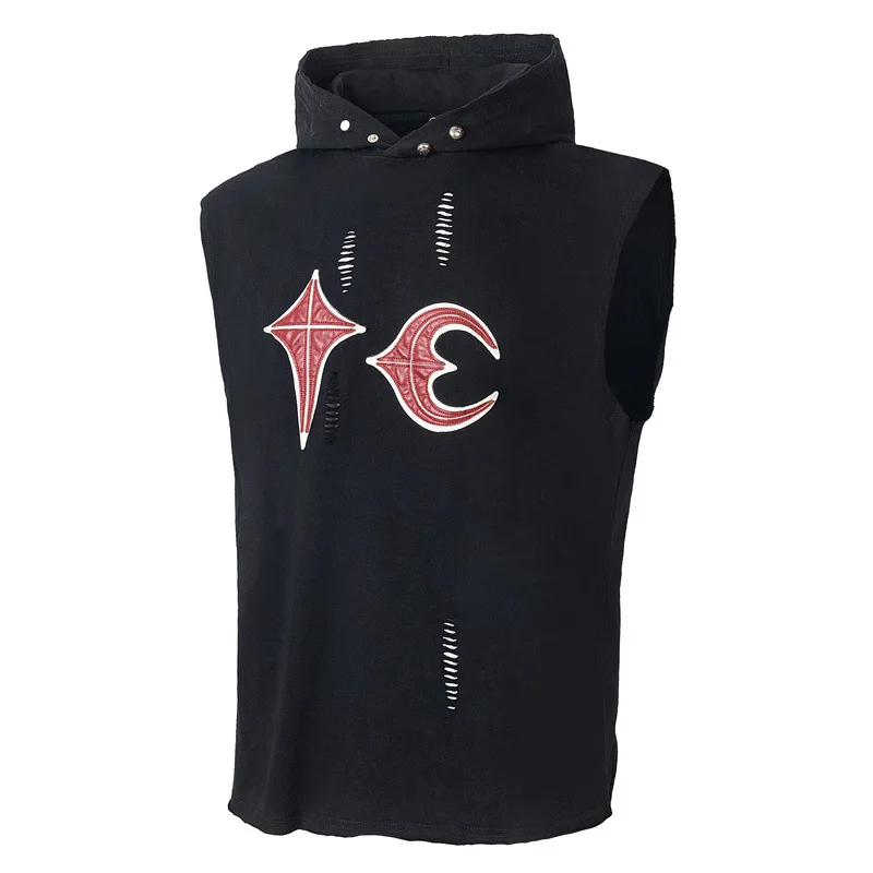 Thug club street style - Moon and Star patchwork embroidery, washed and distressed, torn men's loose T-shirt vest