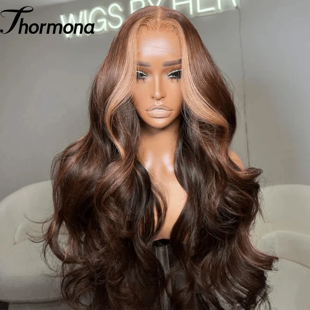 

30-дюймовые омбре мелированные медовые блондинки парики фронта шнурка синтетические шоколадно-коричневые полоски с объемной волной парики фронта шнурка