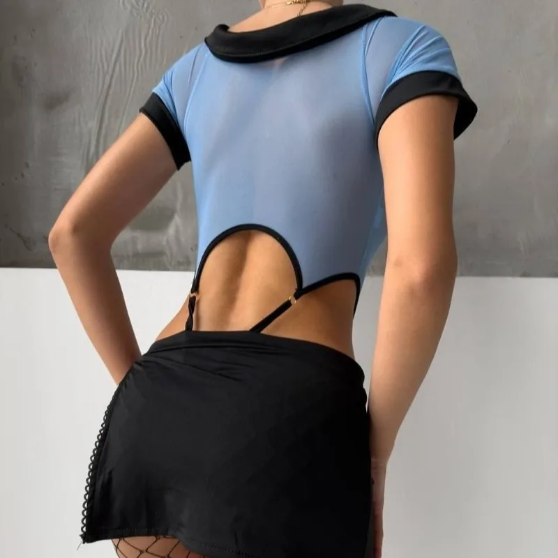 Tornova Preppy สไตล์ชุดเซ็กซี่ชุดผู้หญิง 2024 V คอ SHEER TOP + Lace Up กระโปรงมินิ + Thongs Hollow OUT คอสเพลย์โป๊ชุด