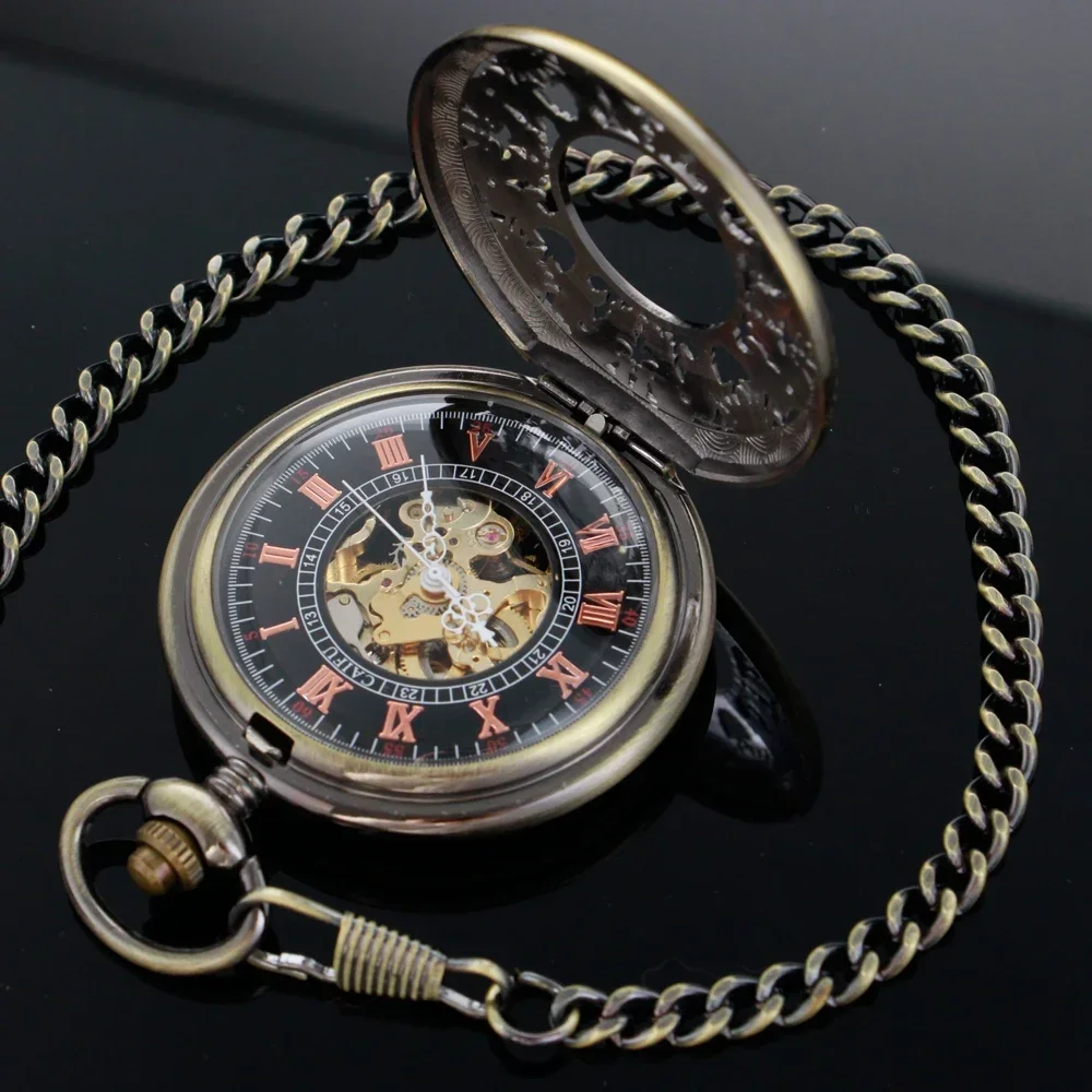 Steampunk Vintage Luxury Bronze Mechanical Pocket Watch Men Roman Numerals Display Vintage Thick Chain Pendant Timepiece