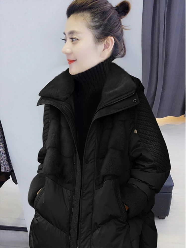 2024 Winter Women Coat  Fashion Knitted Splicing Mink Hair Down Jacket White Duck Down Thicker Warm Hooded Loose Overcoat